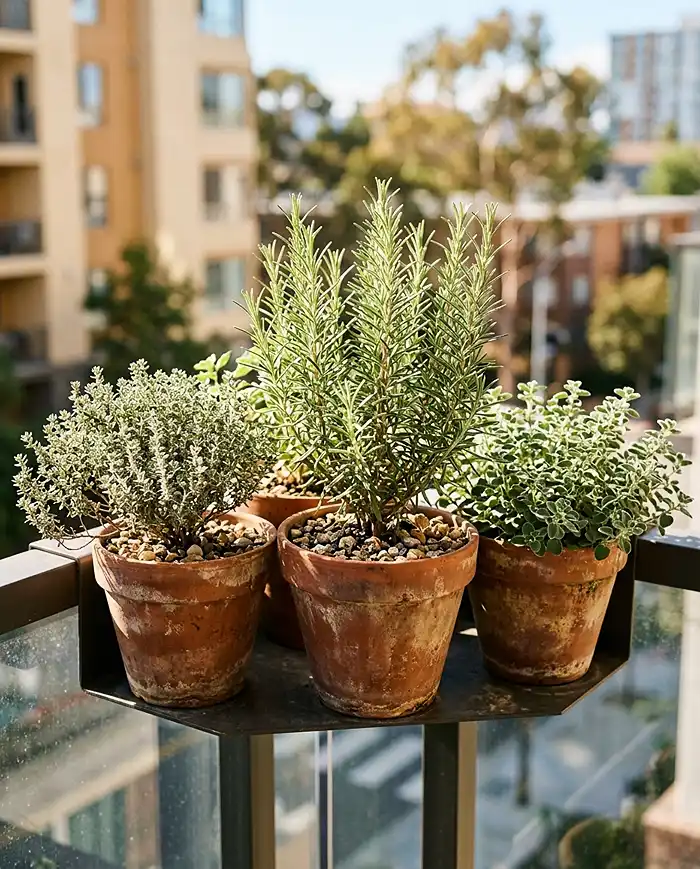Smart Herb Garden Layout for Balcony 3 Sun-loving Mediterranean herbs grouped together in one watering zone of a container herb garden