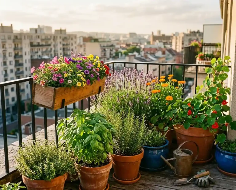 Sunny balcony filled with potted herbs and colorful flowers in terracotta containers