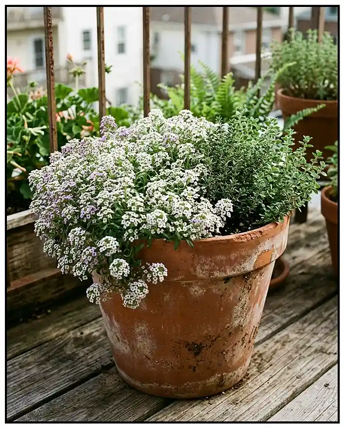 Sweet alyssum mounding in white and pale purple, spilling softly over the rim of a terracotta container