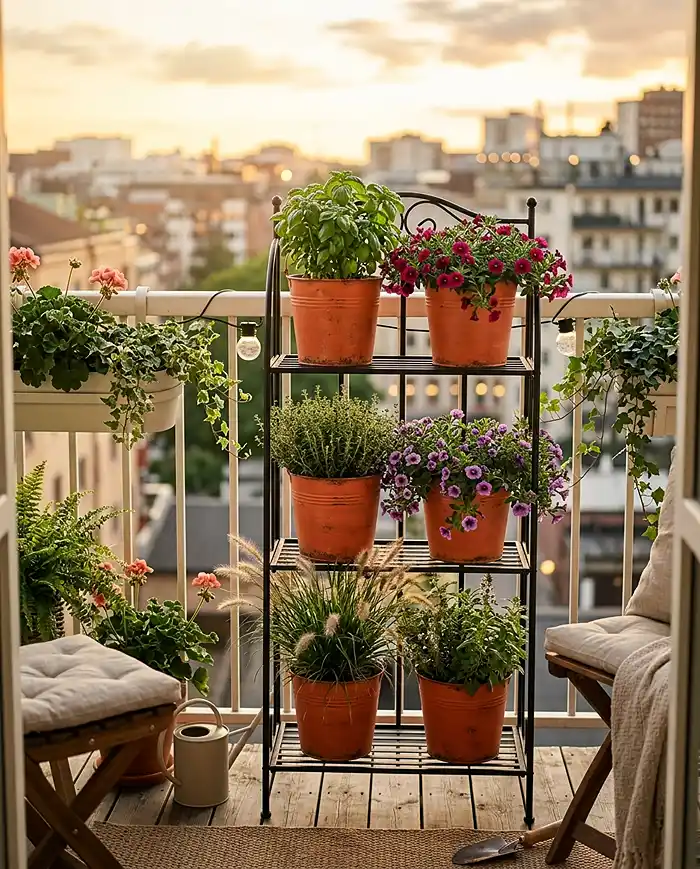 5 Gallon Bucket Garden Ideas 4 Terracotta-painted buckets arranged on a tiered metal plant stand on a narrow balcony, planted with herbs and trailing flowers, showing a vertical small-space garden setup.