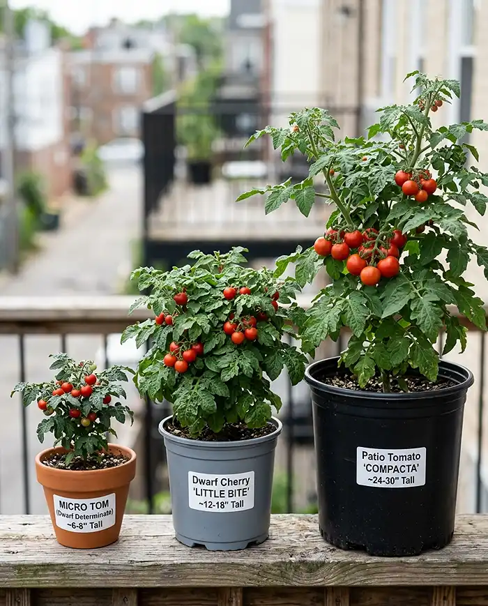 Three dwarf tomato varieties of different heights grown in containers showing size differences.