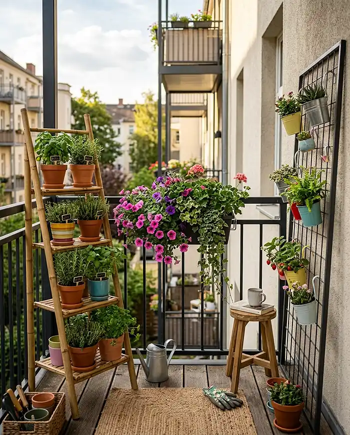 Renter Friendly Vertical Garden Ideas for Summer 2 Three renter-friendly vertical garden styles on a small balcony — freestanding planter, railing system, and leaning grid panel