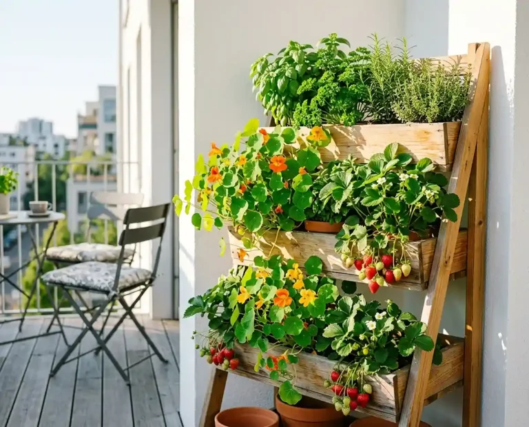 Three-tier ladder planter filled with herbs and flowers in the corner of a small sunny balcony.