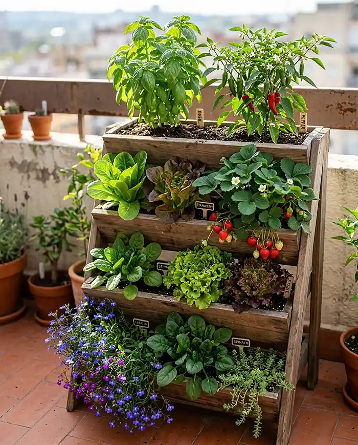 Tiered planter ideas in action with sun-loving herbs on top and shade-tolerant trailing plants below