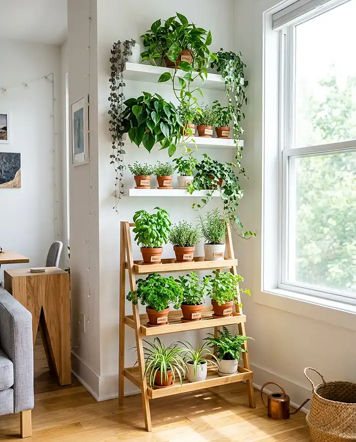 Tiered shelves and hanging planters maximizing vertical space in a small apartment garden. apartment gardening for beginners