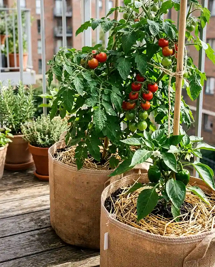 Tomatoes and peppers growing in lightweight fabric grow bags on a balcony