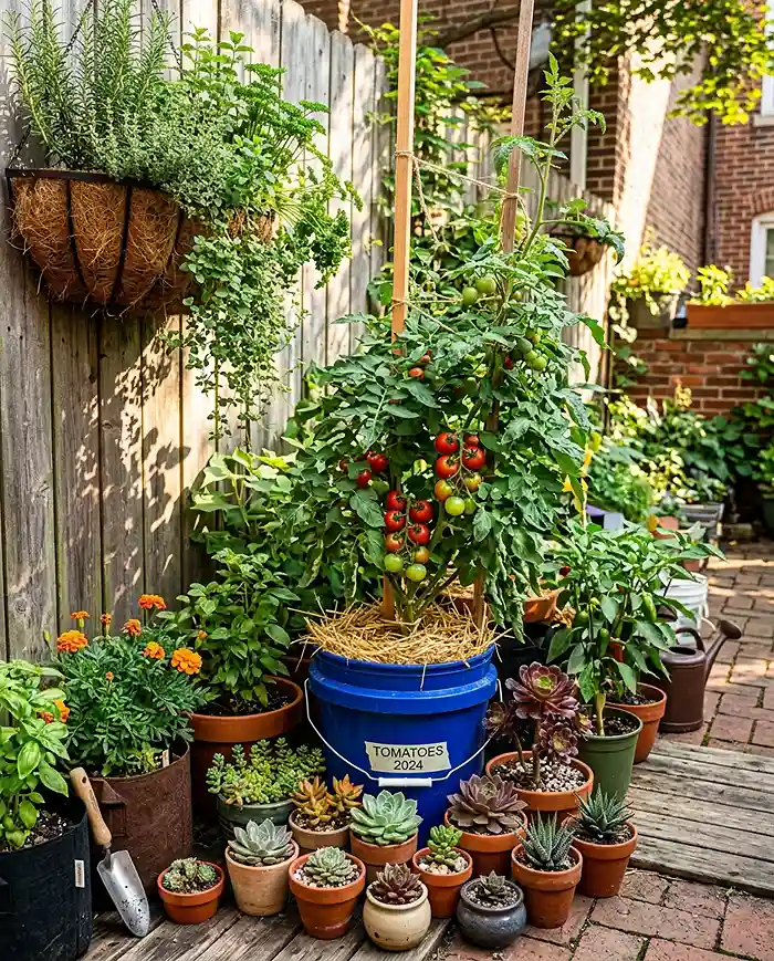 Tomatoes, herbs, and succulents in grouped containers on a small patio during summer