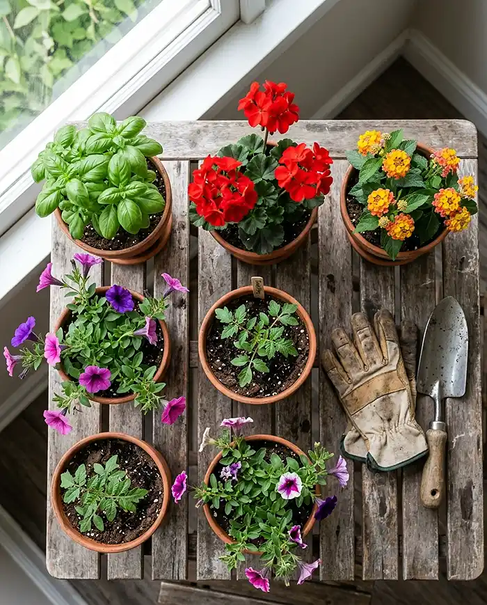 Top-down flatlay of balcony garden ideas including geraniums, lantana, basil, and cherry tomato plants ready for summer planting