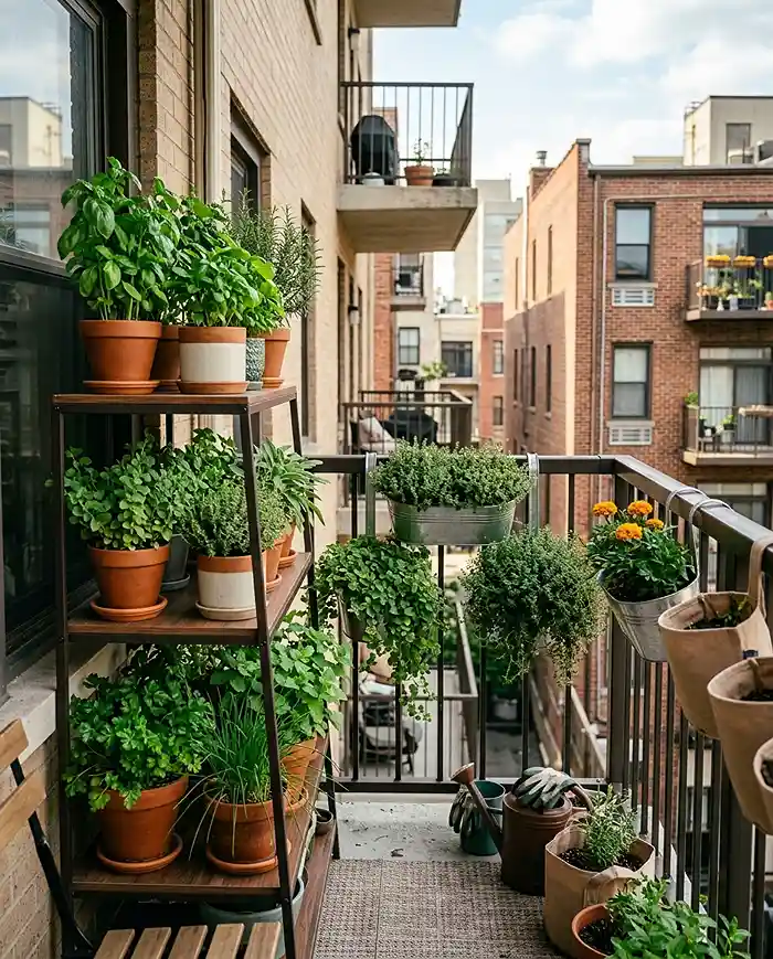 Apartment Herb Garden Aesthetic for Summer 5 Vertical balcony herb garden with tiered shelves and hanging planters in a small apartment space.