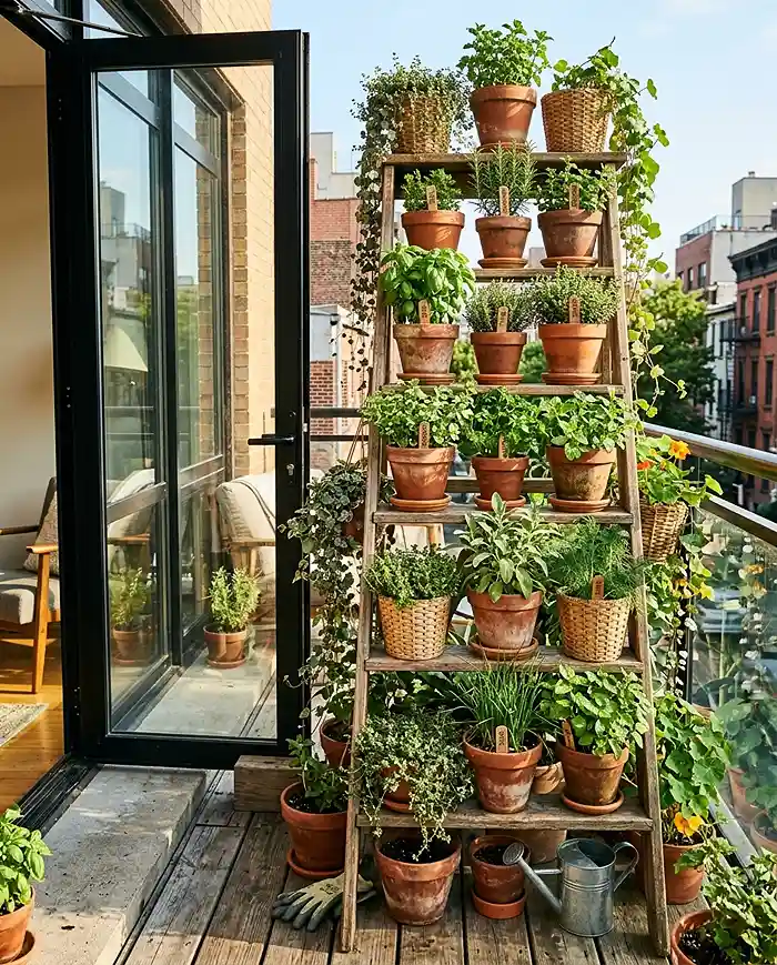 Vertical Garden Shelf Ideas 2 Vertical garden shelf ideas in action on a small balcony with herbs and trailing plants arranged across six tiers