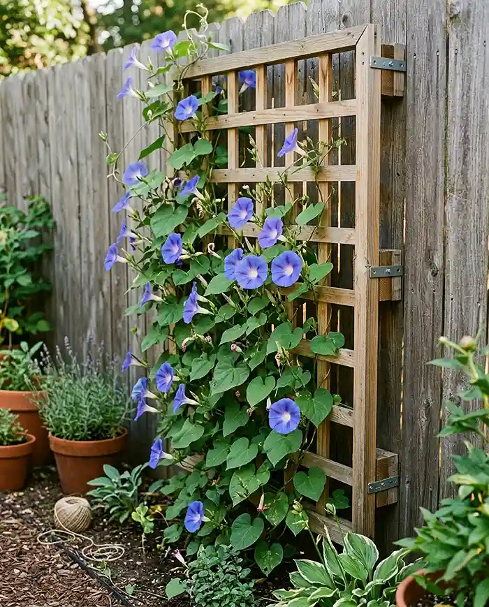 Vertical garden wall ideas for small patios shown as a cedar trellis with climbing morning glory blooms
