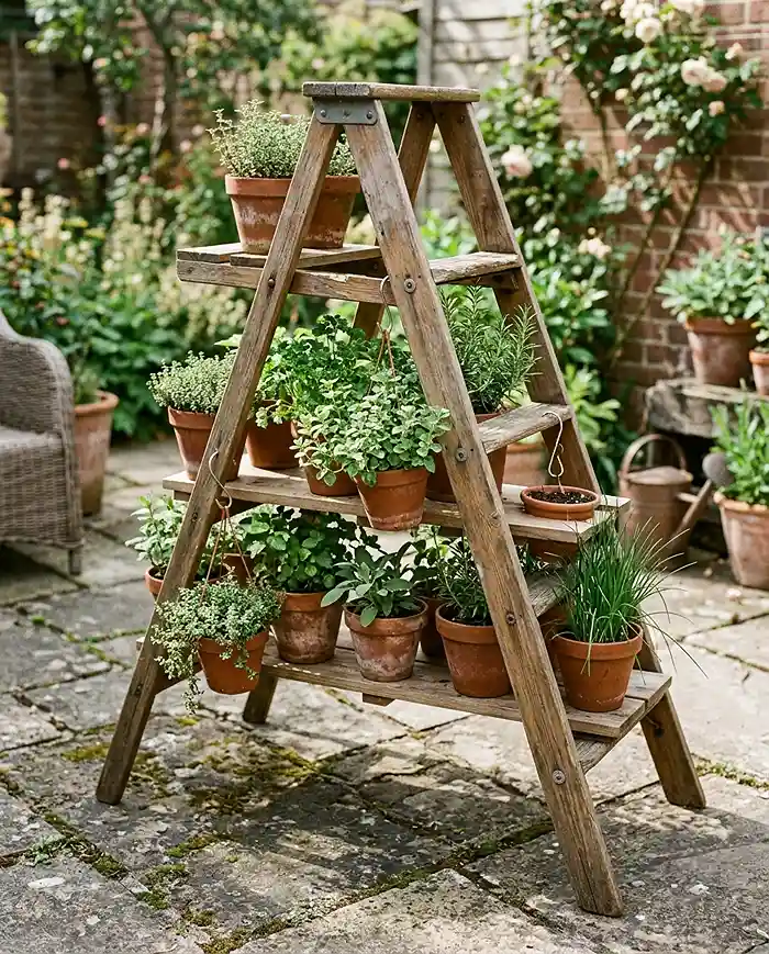 Vertical herb ladder ideas shown as a repurposed wooden A-frame ladder holding potted thyme, oregano and chives