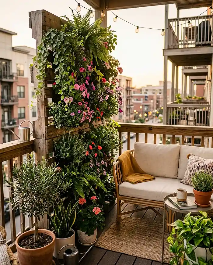 DIY Pallet Garden for a Balcony 5 Vertical pallet garden creating privacy and greenery on a small apartment balcony
