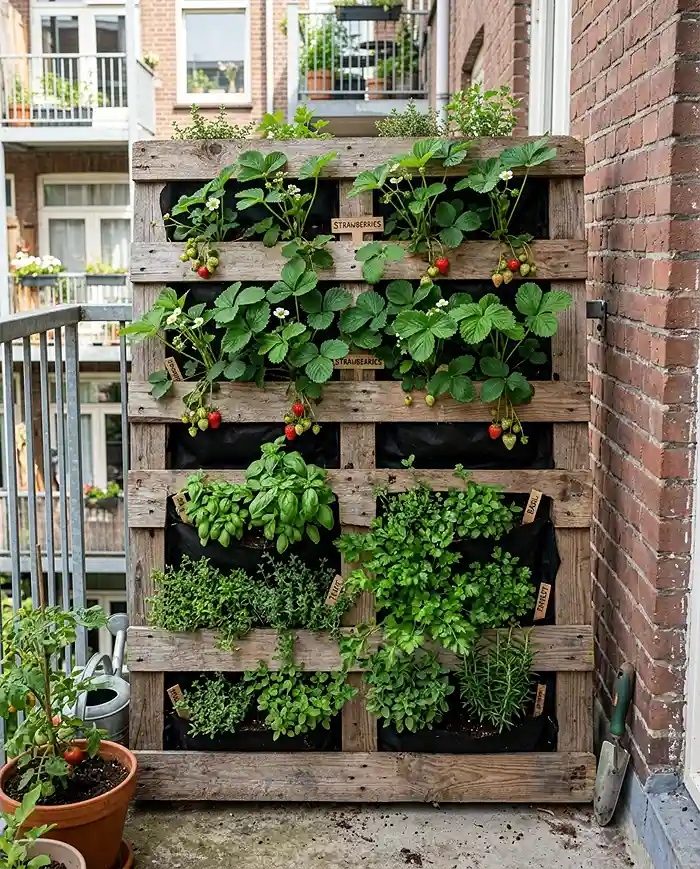 Budget Ideas for Small Space Garden 5 Vertical pallet planter against a wall growing strawberries and herbs in a small space