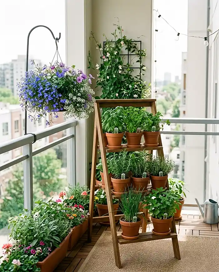 Balcony Garden Ideas With Herbs and Flowers 5 Vertical tiered stands and railing planters maximizing space in a small balcony garden