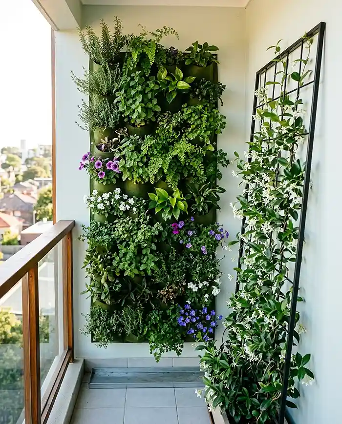 Vertical wall planters and a trellis in a small balcony garden that free up floor space