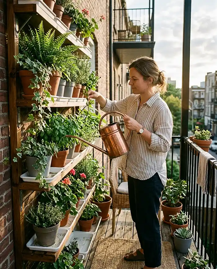 Renter Friendly Vertical Garden Ideas for Summer 5 renter friendly vertical garden ideas: Watering a balcony vertical garden in the morning with a long-spout watering can, drip trays under containers