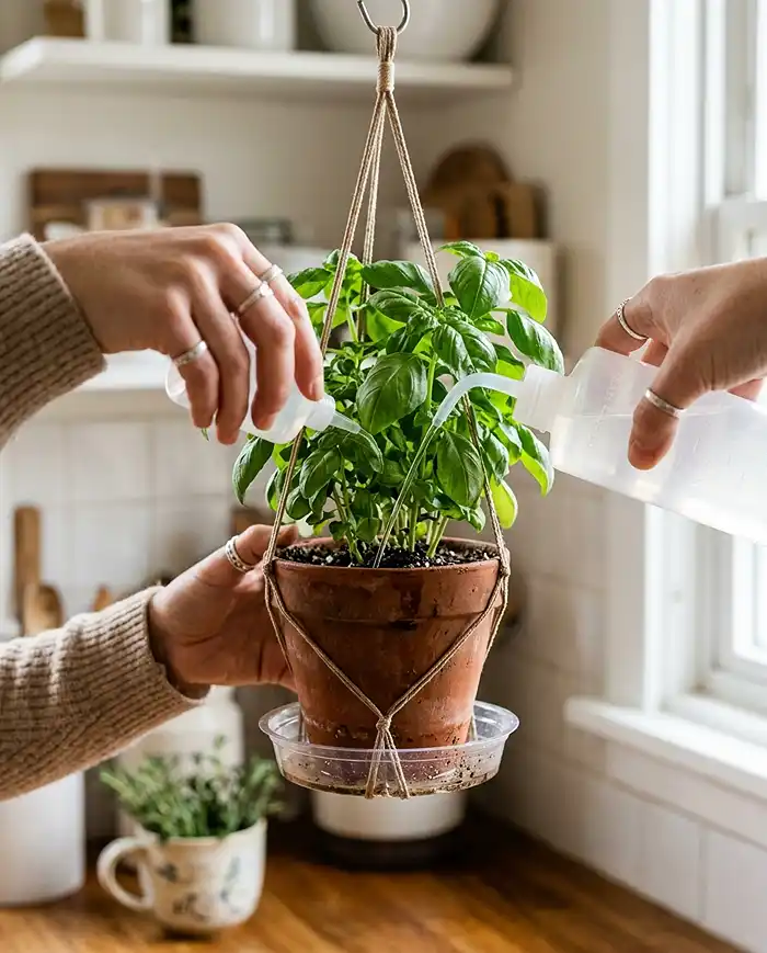 Hanging Herb Garden Ideas for Kitchens 4 Watering a hanging herb pot with a narrow-spout bottle over a drip tray. hanging herb garden ideas for kitchen