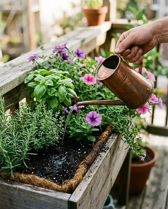 Stylish Railing Planter Ideas for Herbs and Flowers 5 Watering a railing planter with a narrow-spout can over a fiber liner to prevent drips