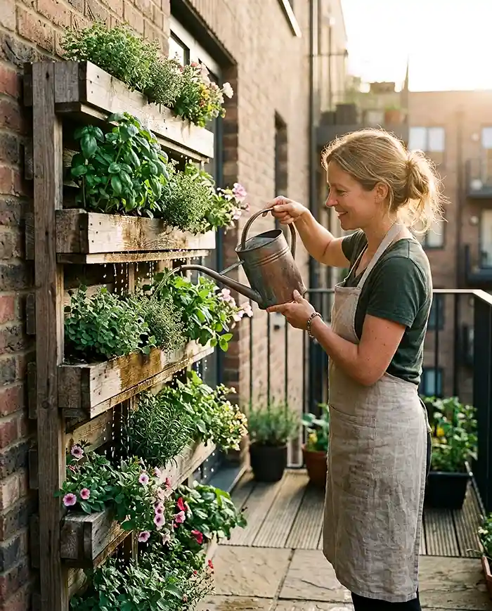 DIY Pallet Garden for a Balcony 6 Watering a vertical pallet garden to keep plants healthy during summer