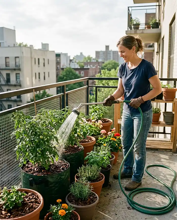 10 Small Space Gardening Ideas 5 Watering container plants at the base with a watering wand during summer heat