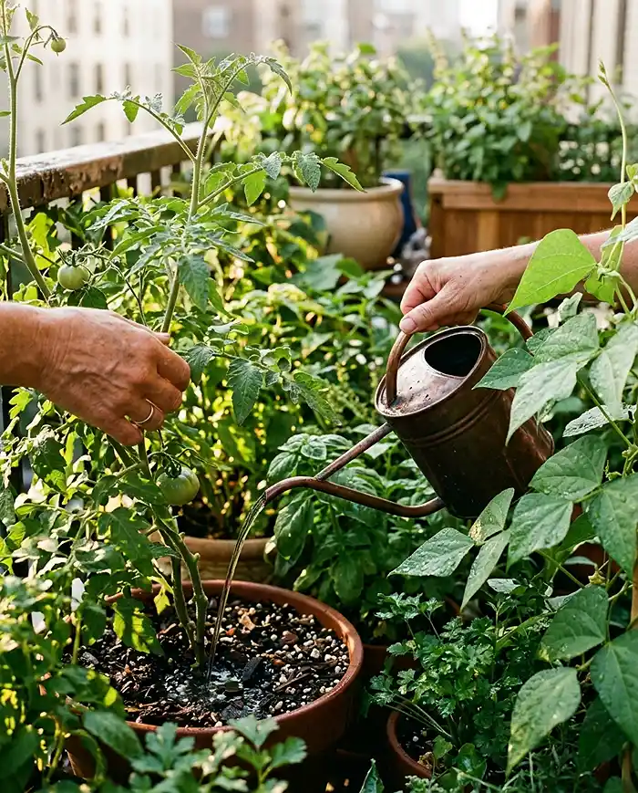 Edible Balcony Garden Tips 5 Watering dense balcony container plants at soil level with a long-spout watering can