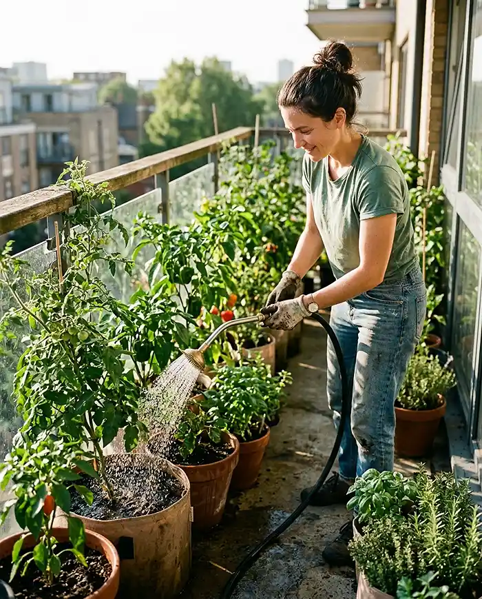 8 Container Garden Plan for Balcony 5 Watering multiple balcony containers with a gentle wand during summer