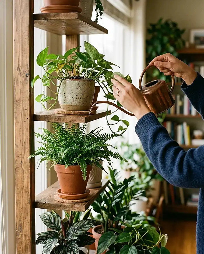 Vertical Garden Shelf Ideas 5 Watering plants on a vertical shelf with a narrow-spout can while tending each tier as its own micro-climate