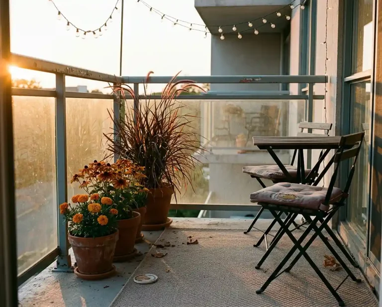 West-facing balcony at sunset with a bistro set, amber blooms, glowing fountain grass and warm string lights