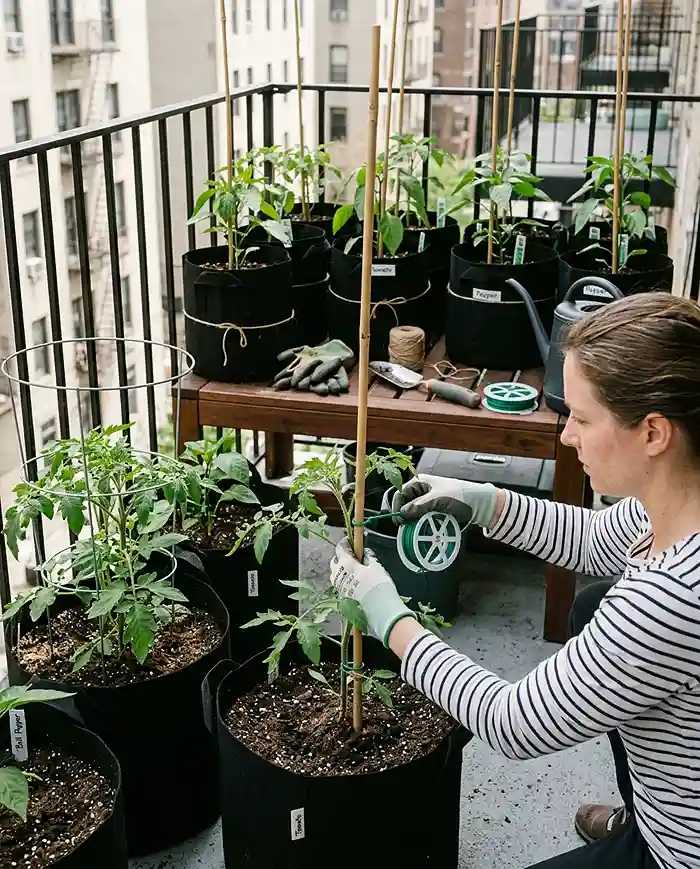 Grow Bags for Tomatoes and Peppers 4 Young tomato and pepper plants being supported in grow bags with cages and stakes for stable growth.