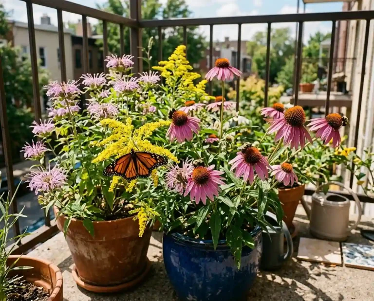 A balcony container garden of native flowers attracting bees and a butterfly