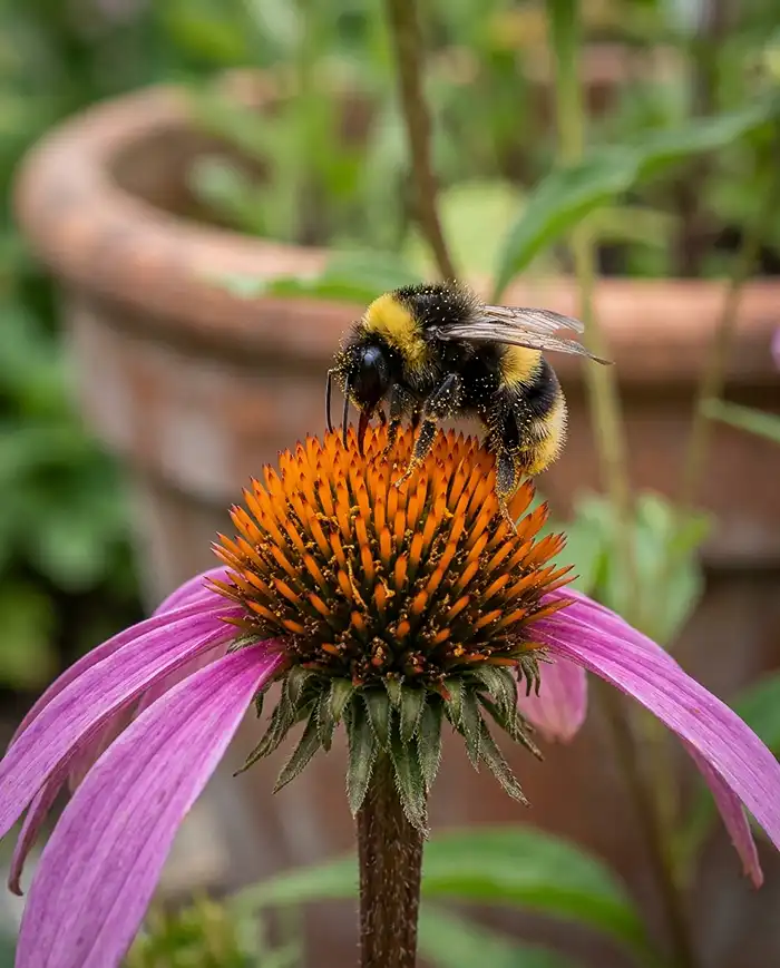 Native Plants for Pollinator Container Garden 2 A bumblebee feeding on purple coneflower, a top native plant for pollinator container gardens. native plants for pollinator container garden