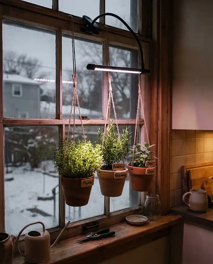 A clip-on grow light supplementing hanging kitchen herbs through winter
