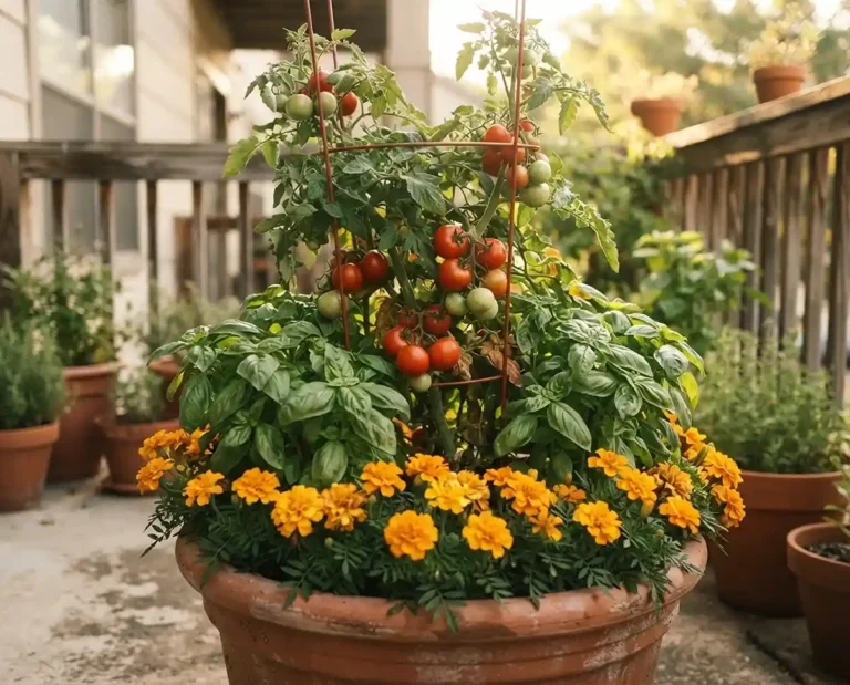 A container companion planting of tomato, basil, and marigold on a patio