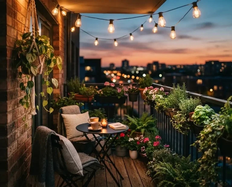 A cozy apartment balcony with string lights and trailing plants at dusk