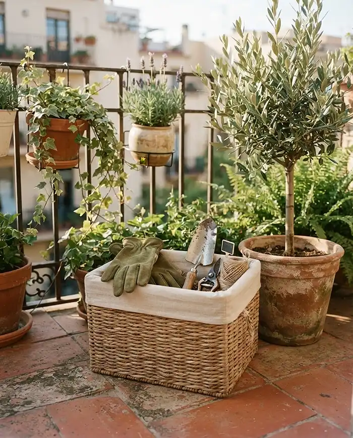 Balcony Storage Ideas for Garden Supplies 4 A decorative lined basket hiding small garden tools as balcony décor