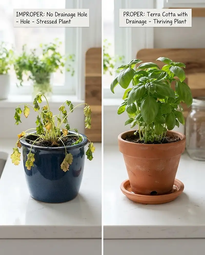 Best Pots for Kitchen Herbs: Top Picks 2 A drainless jar with wilting cilantro next to a pot with a proper drainage hole and a healthy herb.