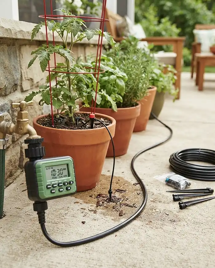 Space Saving Garden Ideas for Tiny Patios 5 A drip irrigation kit on a timer watering a dense patio container garden