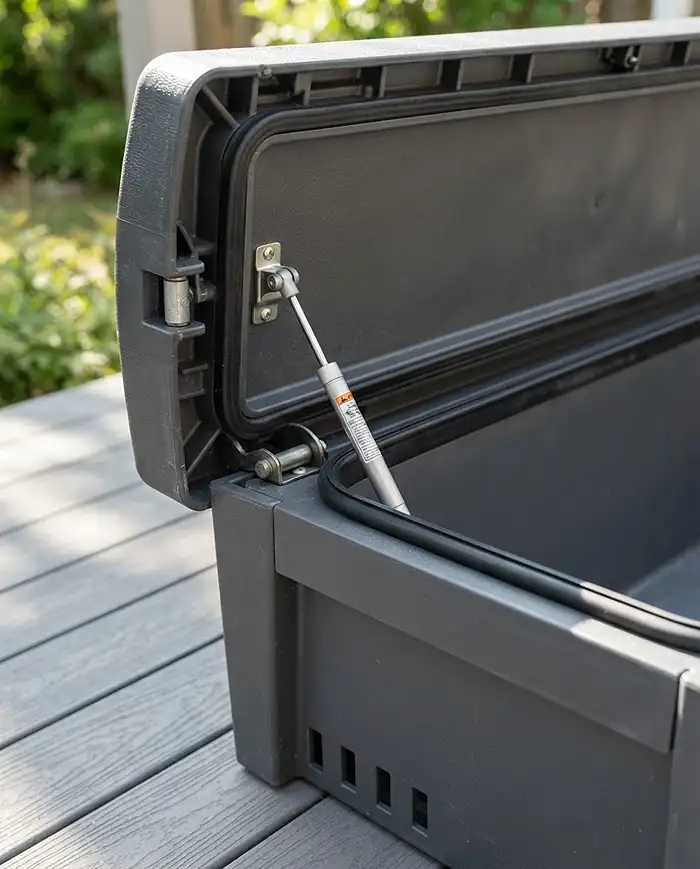Balcony Storage Bench Ideas for Gardeners 4 A gasket-sealed bench lid with a gas-strut hinge and side vents for waterproof, mold-free storage.