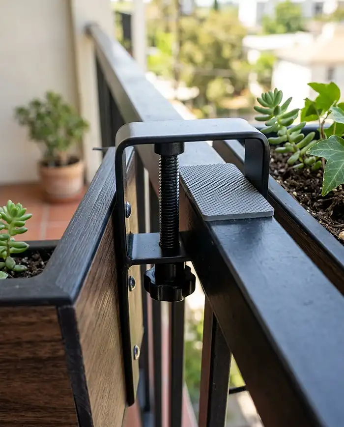 Railing Planter Ideas for Herbs and Flowers 3 A hook-over planter clamping onto a railing without drilling for renters