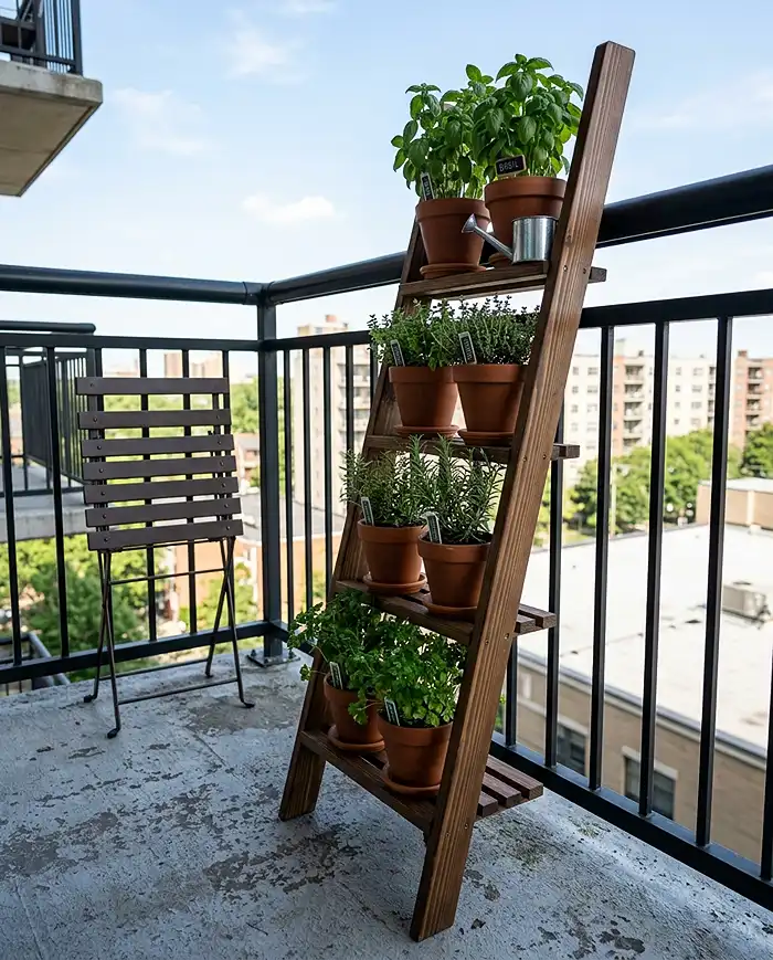 A leaning herb ladder against a railing using minimal floor space on a narrow balcony