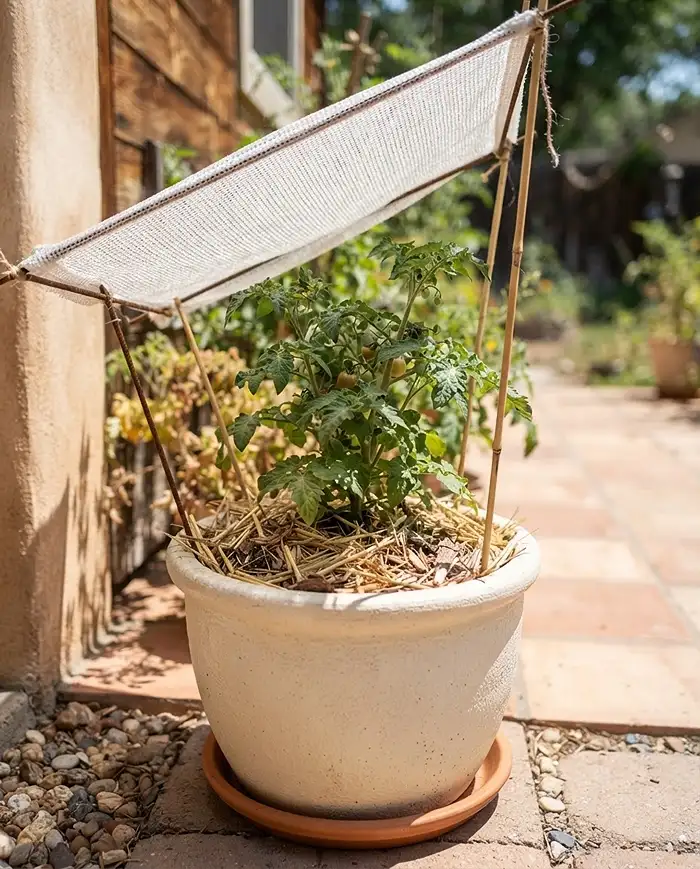 How to Revive Heat Stressed Container Plants 5 A light-colored insulated pot with straw mulch and shade cloth protecting roots during a heatwave.