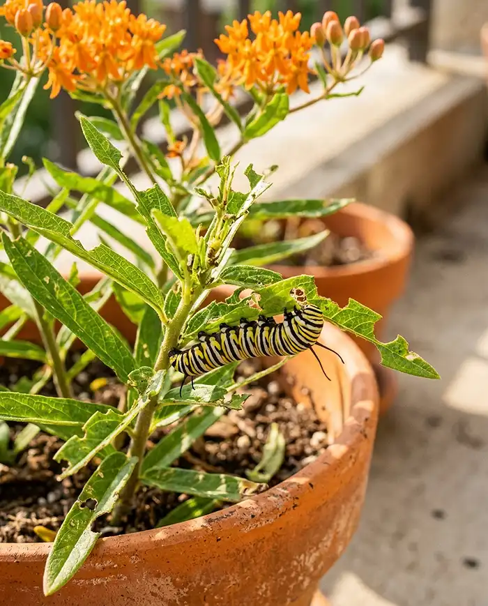 Native Plants for Pollinator Container Garden 3 A monarch caterpillar feeding on native butterfly weed in a container