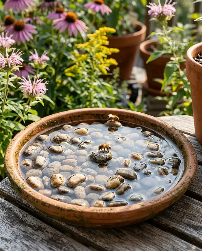 Native Plants for Pollinator Container Garden 5 A pebble-filled water dish giving pollinators a safe place to drink among native plants