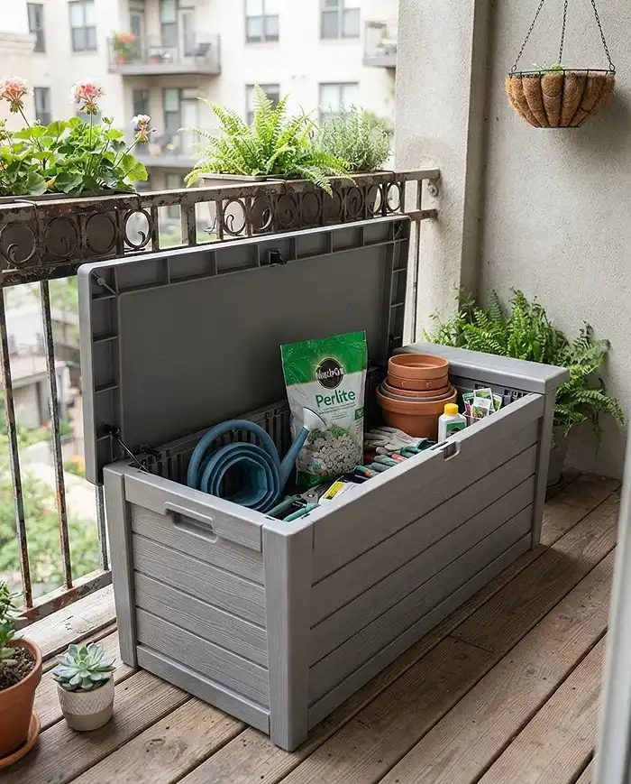 A resin deck box serving as both a bench seat and hidden storage for garden supplies on a balcony.