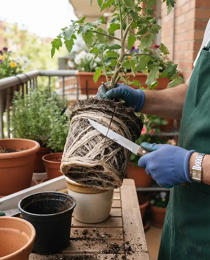Container Size for Vegetables 5 A root-bound vegetable pulled from an undersized pot with a dense circling mat of roots.