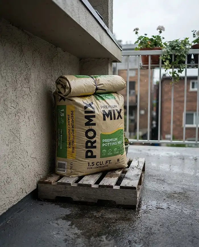 A sealed potting mix bag elevated on a wood pallet off the concrete to prevent moisture damage.