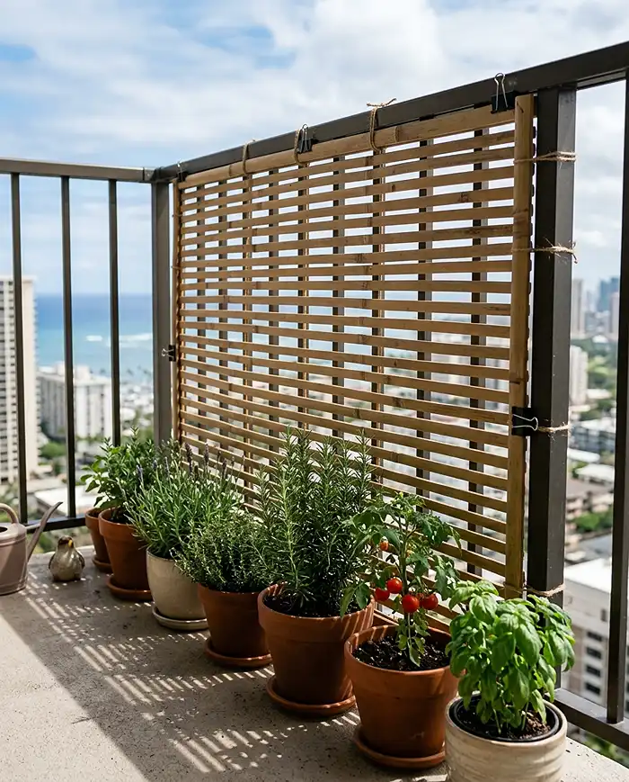 A semi-open mesh wind screen protecting balcony plants by diffusing gusts