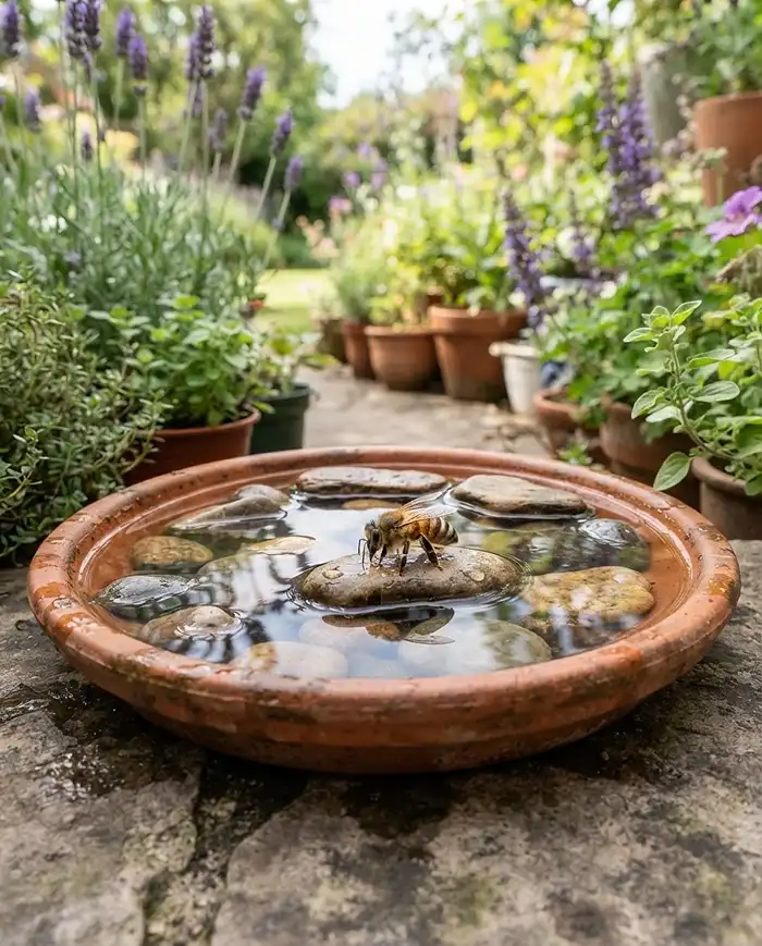 Bee Friendly Container Plants 5 A shallow terracotta saucer bee bath with river stones giving a honeybee a safe spot to drink.