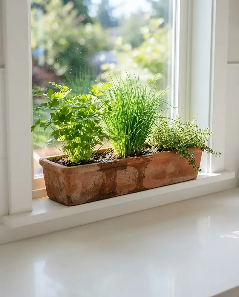 Best Pots for Kitchen Herbs: Top Picks 4 A single windowsill trough holding parsley, chives, and thyme together in one footprint.